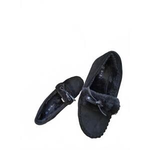 Black Women's Moccasins with Faux Fur Lining and Bow Detail, Size 7, NEW!